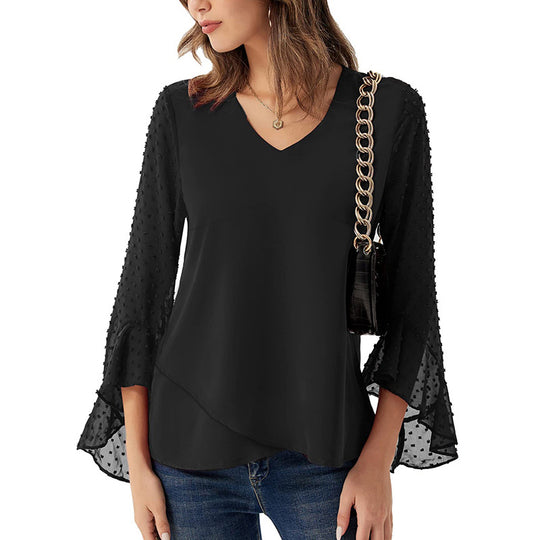 Damen Chiffonbluse mit V-Ausschnitt, gepunkteten Trompetenärmeln und asymmetrischem Saum Shop Nory