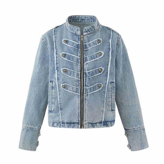 Damen Denim‑Blouson im Military‑Look mit Stehkragen und Zierknopfleiste Shop Nory