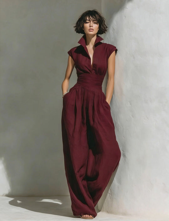 Damen Jumpsuit mit weitem Bein, tailliertem Wickelbund und Stehkragen Shop Nory