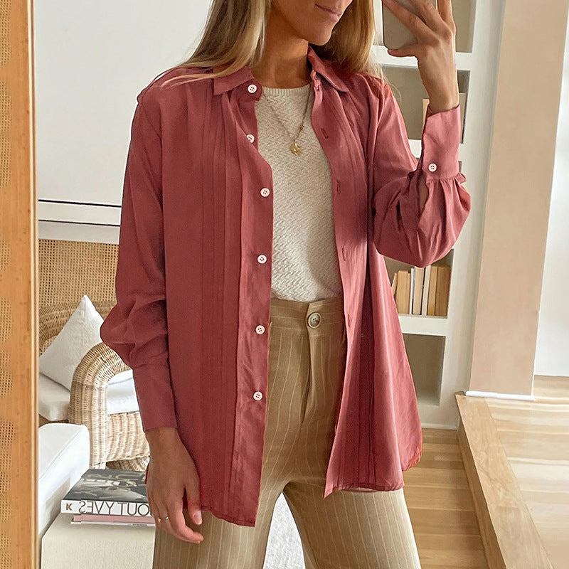 Damen Plissierte Tunika-Bluse mit Hemdkragen und lockerer A-Linien-Silhouette Shop Nory