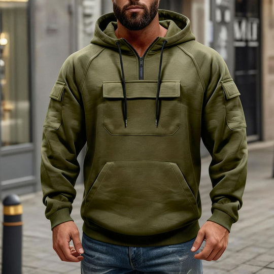Herren funktionaler Kapuzenpullover mit halbem Frontreißverschluss, aufgesetzter Fronttasche mit Klappe und Kängurutasche Shop Nory