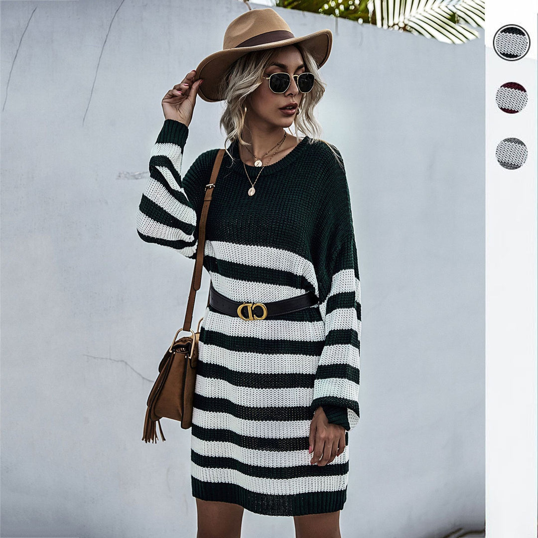 Damen Strickkleid im Oversize-Look mit Blockstreifen und geripptem Saum Shop Nory