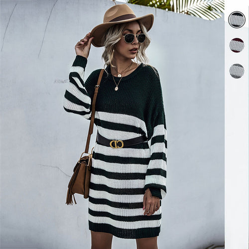 Damen Strickkleid im Oversize-Look mit Blockstreifen und geripptem Saum Shop Nory