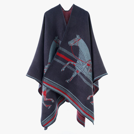 Damen Poncho-Cape aus Wollmix mit gewebtem Pferde-Jacquard und kontrastkettelung Shop Nory