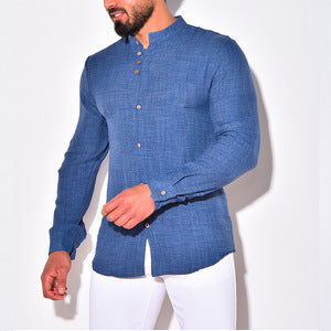 Herren Leichtes Leinenhemd mit Stehkragen, Knopfleiste und Ärmelaufrollfunktion Shop Nory