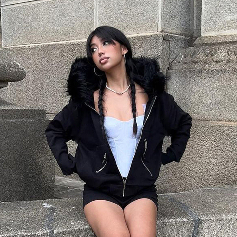 Damen warme Sweatjacke mit abnehmbarem Kunstfellkragen