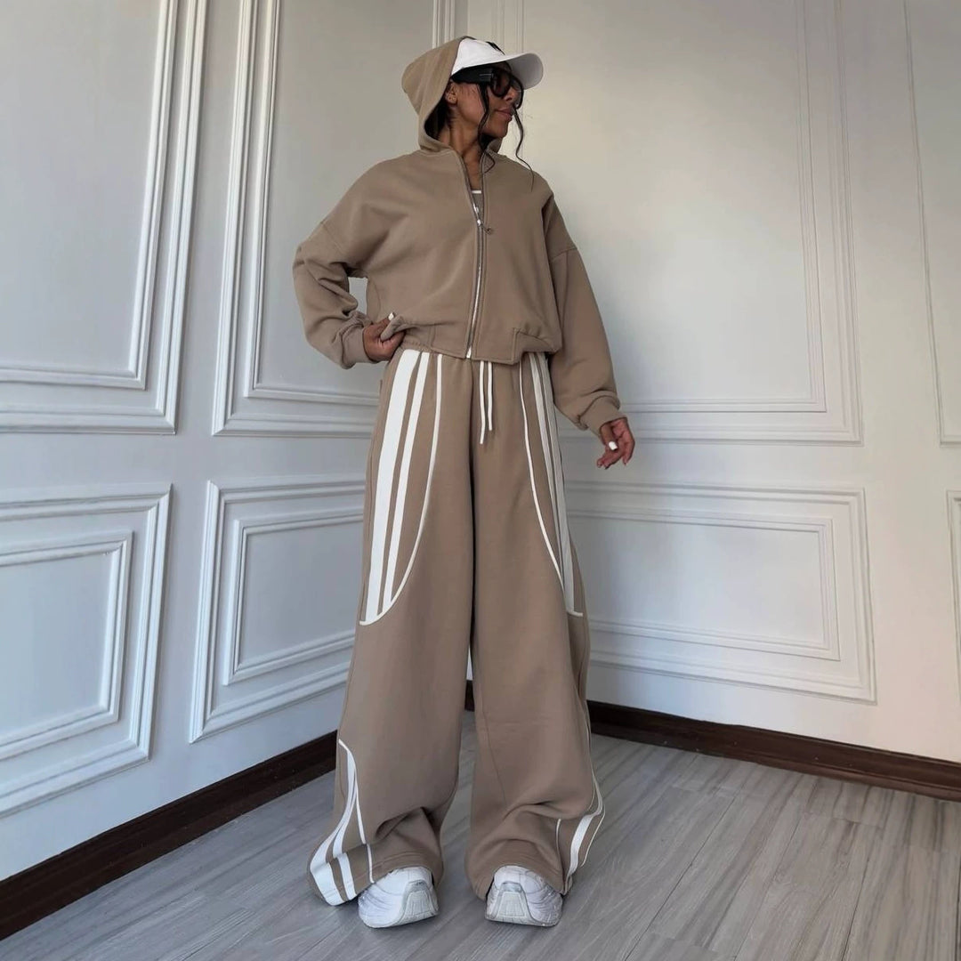 Damen Oversize Kapuzen-Sweatjacke mit Reißverschluss und weitem Trackpant-Set Shop Nory
