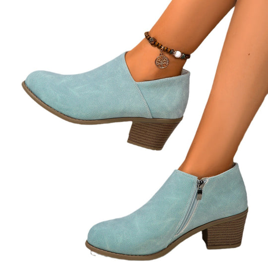 Damen kurze Stiefelette mit seitlichem Reißverschluss gepolstertem Komfortfußbett und stabilem Blockabsatz Shop Nory