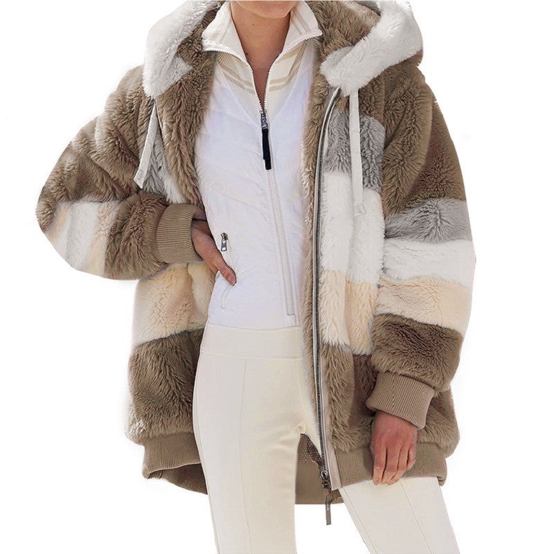 Damen nan Oversize Teddyfell-Kapuzenjacke mit Farbblock-Streifen, hochwertigem Reißverschluss und gerippten Bündchen Shop Nory
