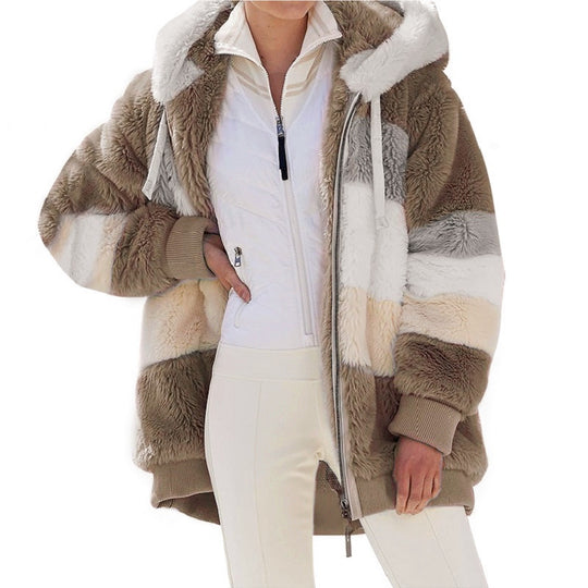 Damen nan Oversize Teddyfell-Kapuzenjacke mit Farbblock-Streifen, hochwertigem Reißverschluss und gerippten Bündchen Shop Nory