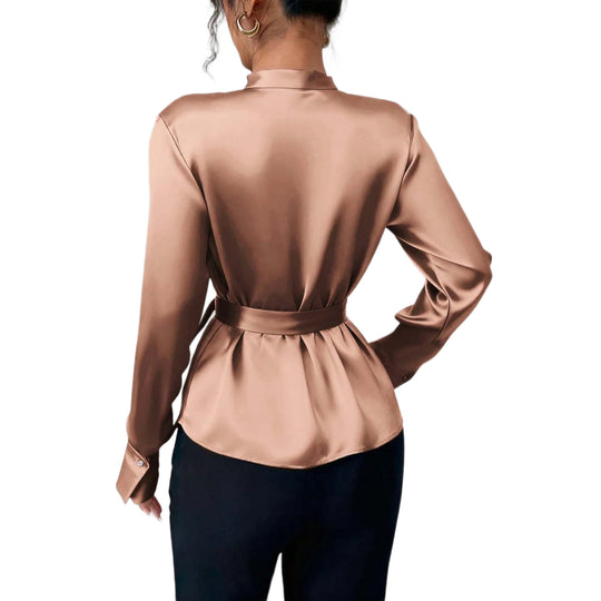 Damen Satin-Wickelbluse mit V-Ausschnitt, Taillengürtel und schmalem Manschettenärmel Shop Nory