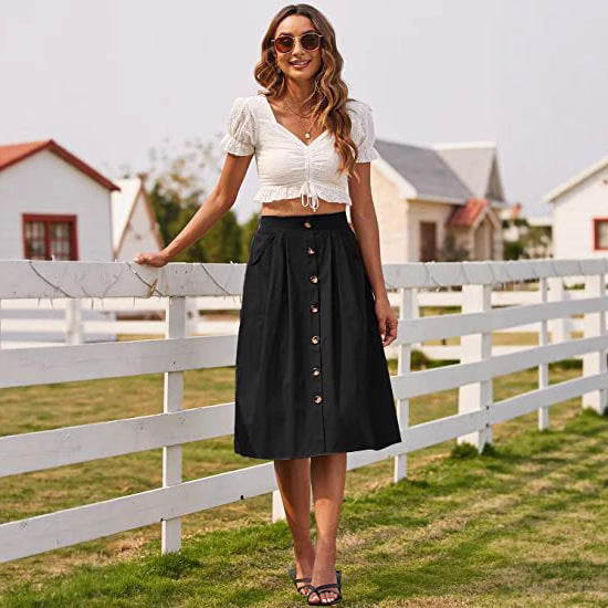 Damen Midi-Rock mit Knopfleiste und praktischen Taschen