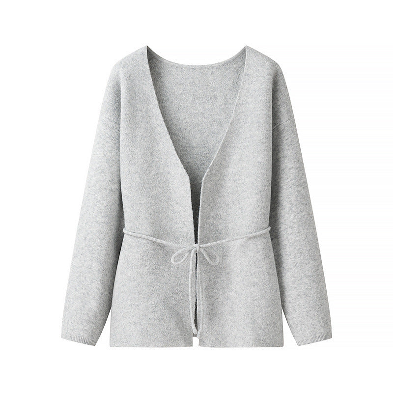 Damen Offener Strickcardigan mit Bindegürtel und V‑Ausschnitt Shop Nory