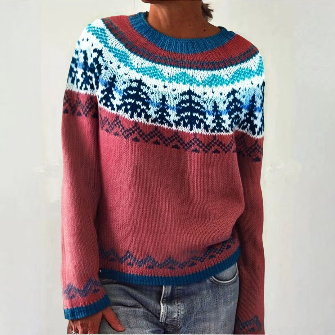 Damen nan melierter Rundhalsausschnittpullover mit kreisförmigem Jacquard-Yoke und geripptem Saum Shop Nory