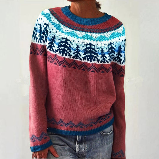 Damen nan melierter Rundhalsausschnittpullover mit kreisförmigem Jacquard-Yoke und geripptem Saum Shop Nory