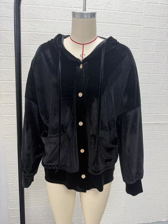 Damen Oversize Kapuzen-Samtjacke mit Knopfleiste und aufgesetzten Taschen Shop Nory