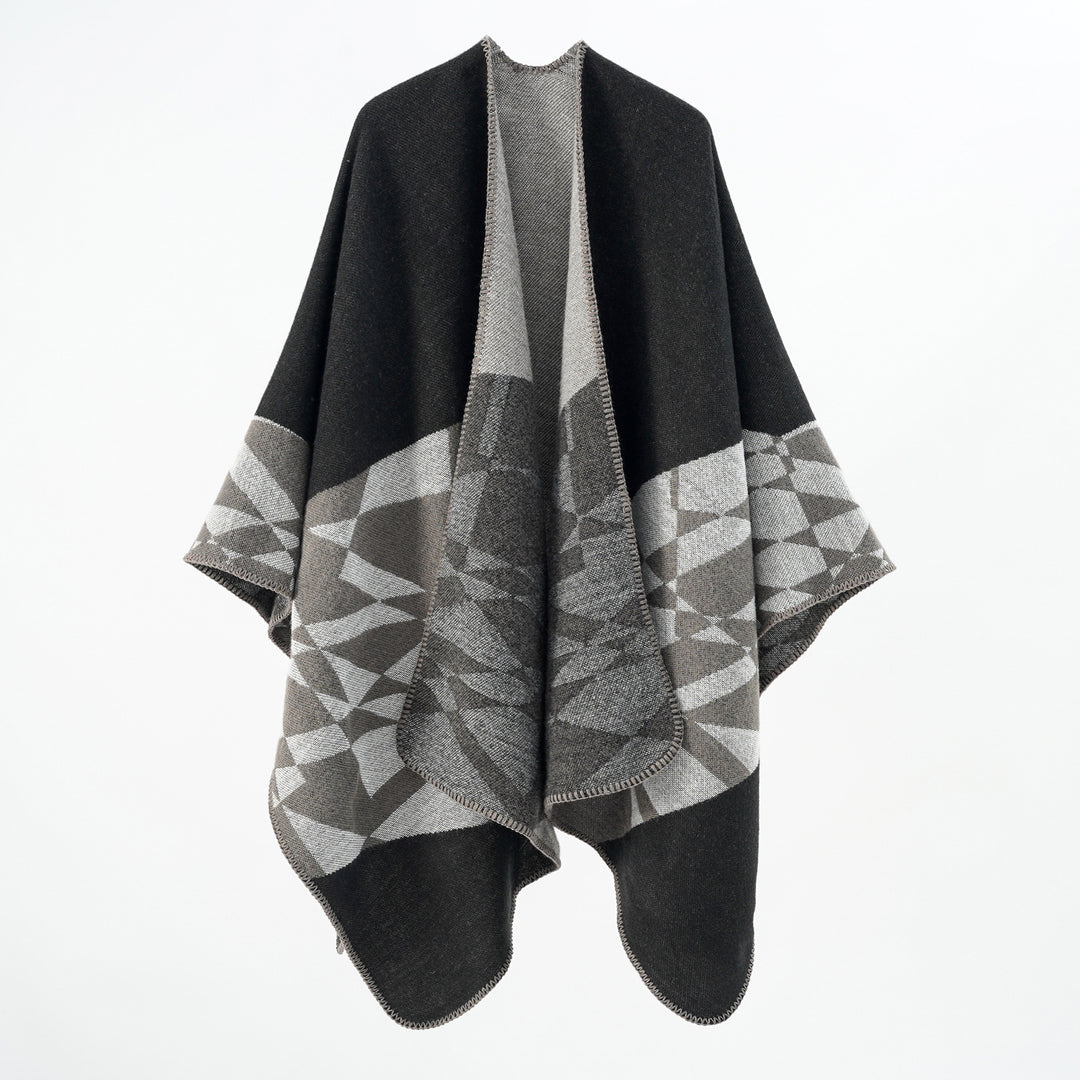 Damen Großer Strickponcho im Cape‑Schnitt mit Ziernaht und geometrischem Intarsia Shop Nory