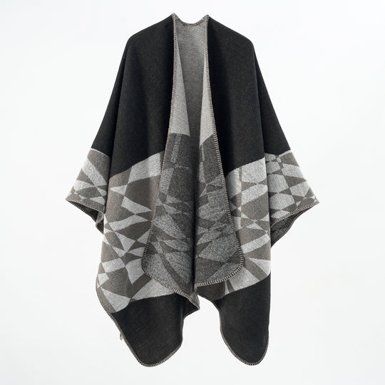 Damen Großer Strickponcho im Cape‑Schnitt mit Ziernaht und geometrischem Intarsia Shop Nory