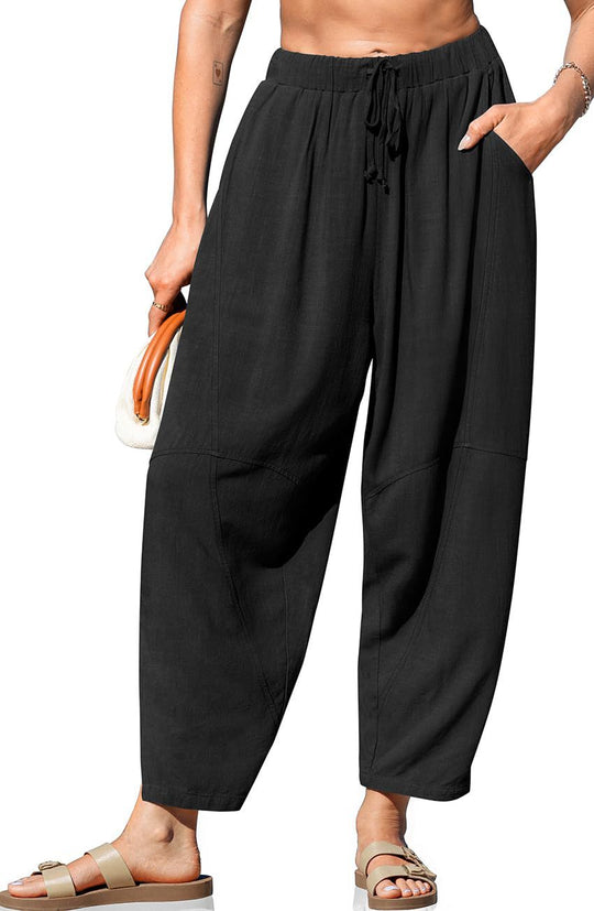 Damen Locker geschnittene Leinenhose mit weitem Bein und Kordelbund Shop Nory