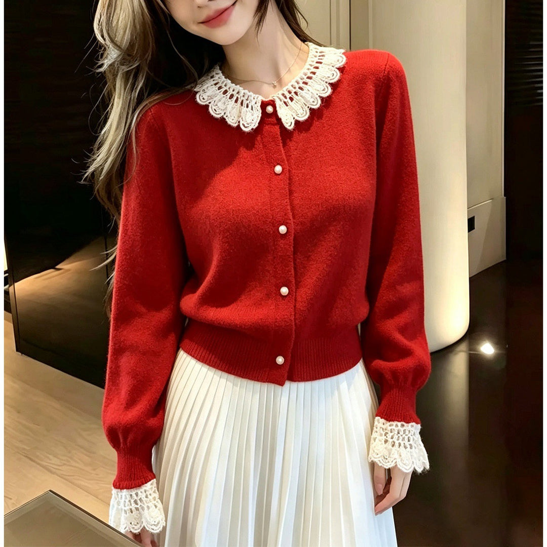 Damen Elegante Strickjacke mit Spitzenausschnitt Shop Nory