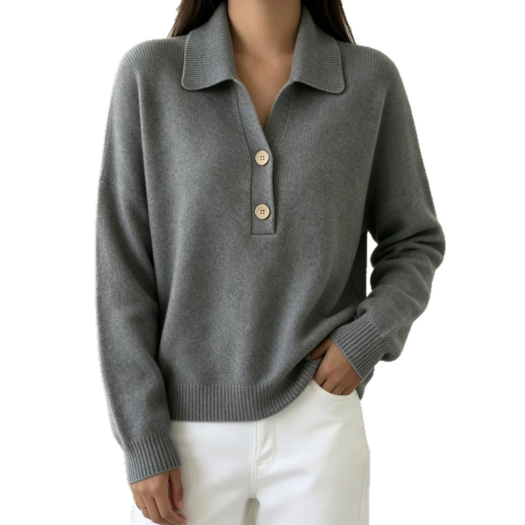 Damen Polokragen-Pullover mit halber Knopfleiste und geripptem Saum Shop Nory