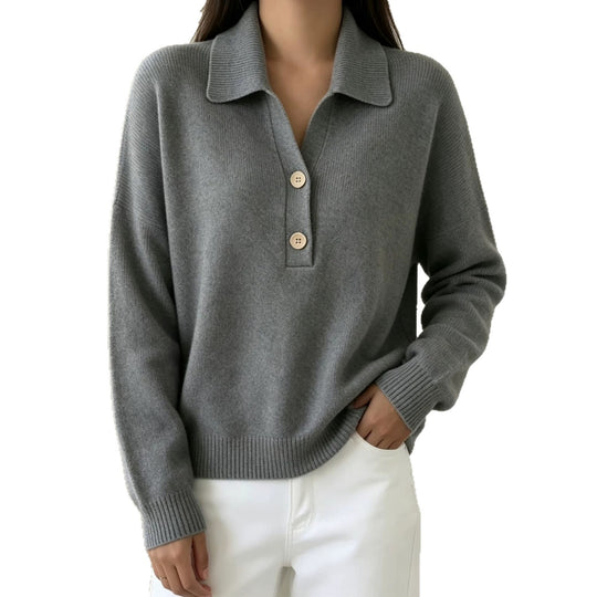 Damen Polokragen-Pullover mit halber Knopfleiste und geripptem Saum Shop Nory