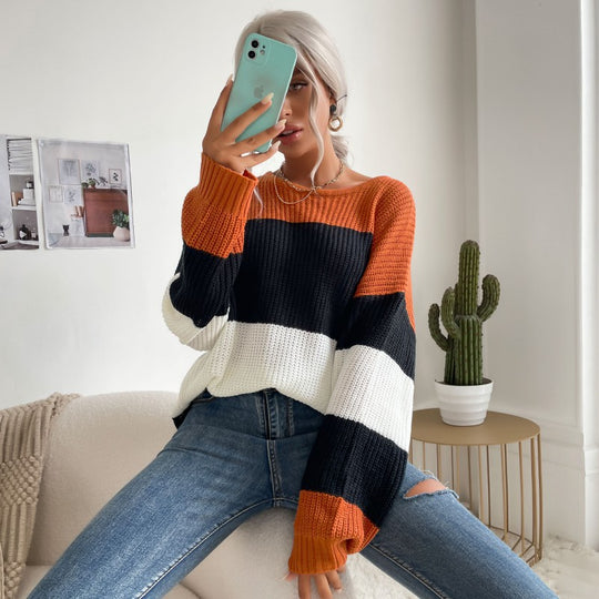 Damen Oversize Strickpullover mit schrägem Carmen-Ausschnitt und breiten Farbblöcken Shop Nory
