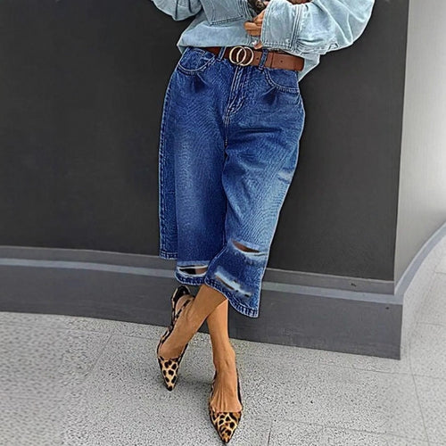 Damen Hochtaillierte Denim-Culotte mit Destroyed-Einsätzen und rohem Saum Shop Nory