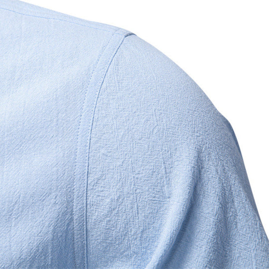 Herren nan lässiges Kurzarmshirt mit Stehkragen, halber Knopfleiste und leicht strukturierter Baumwoll-Leinen-Qualität