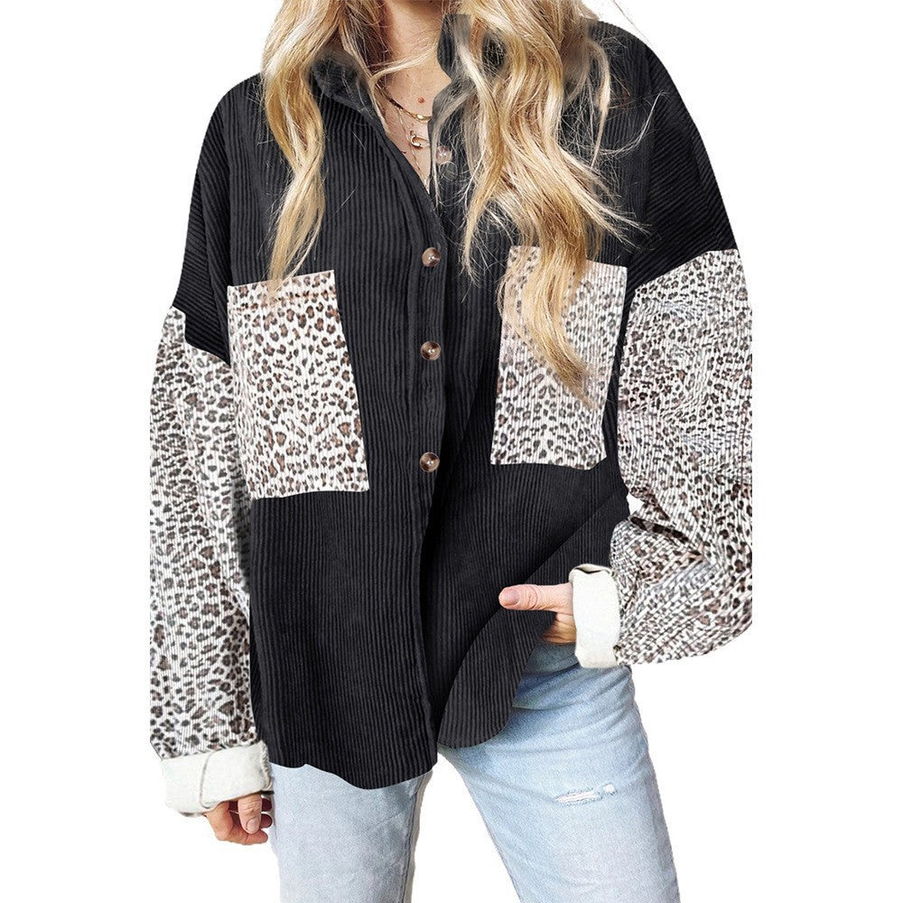 Damen Oversize-Cordhemd mit durchgehender Knopfleiste, Leo-Kontrastärmeln und aufgesetzten Taschen Shop Nory