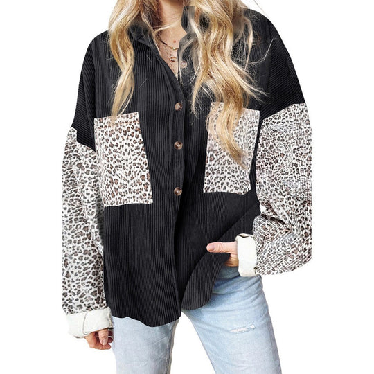 Damen Oversize-Cordhemd mit durchgehender Knopfleiste, Leo-Kontrastärmeln und aufgesetzten Taschen Shop Nory