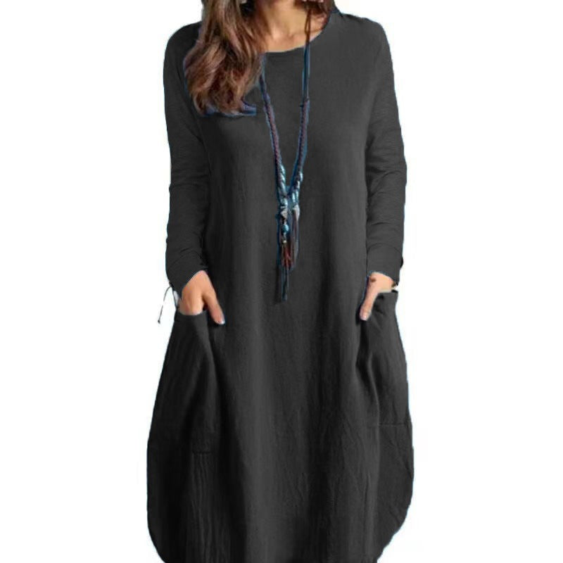 Damen Langes A‑Linien Leinenoptik Kleid mit Eingrifftaschen und Rundhalsausschnitt Shop Nory