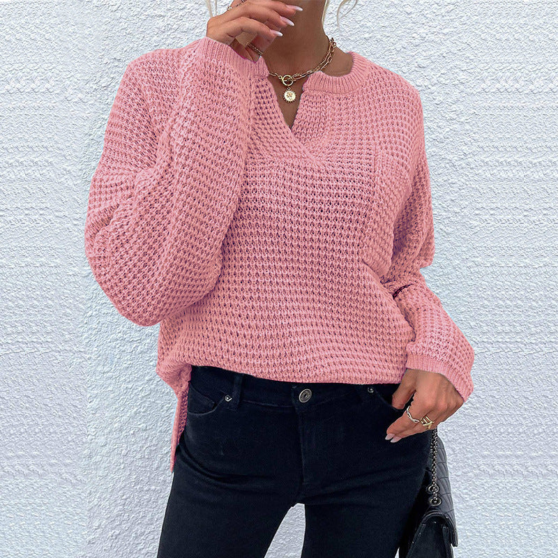 Damen Waffelstrick-Pullover mit V-Schlitz, oversized Schnitt und Ballonärmeln Shop Nory