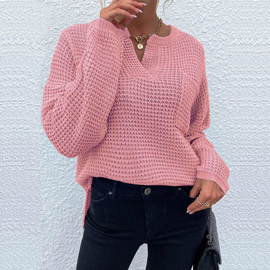 Damen Waffelstrick-Pullover mit V-Schlitz, oversized Schnitt und Ballonärmeln Shop Nory
