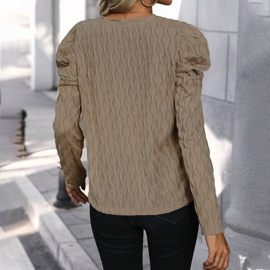 Damen Feinstrickpullover mit V-Ausschnitt und gerafften Ballonärmeln Shop Nory