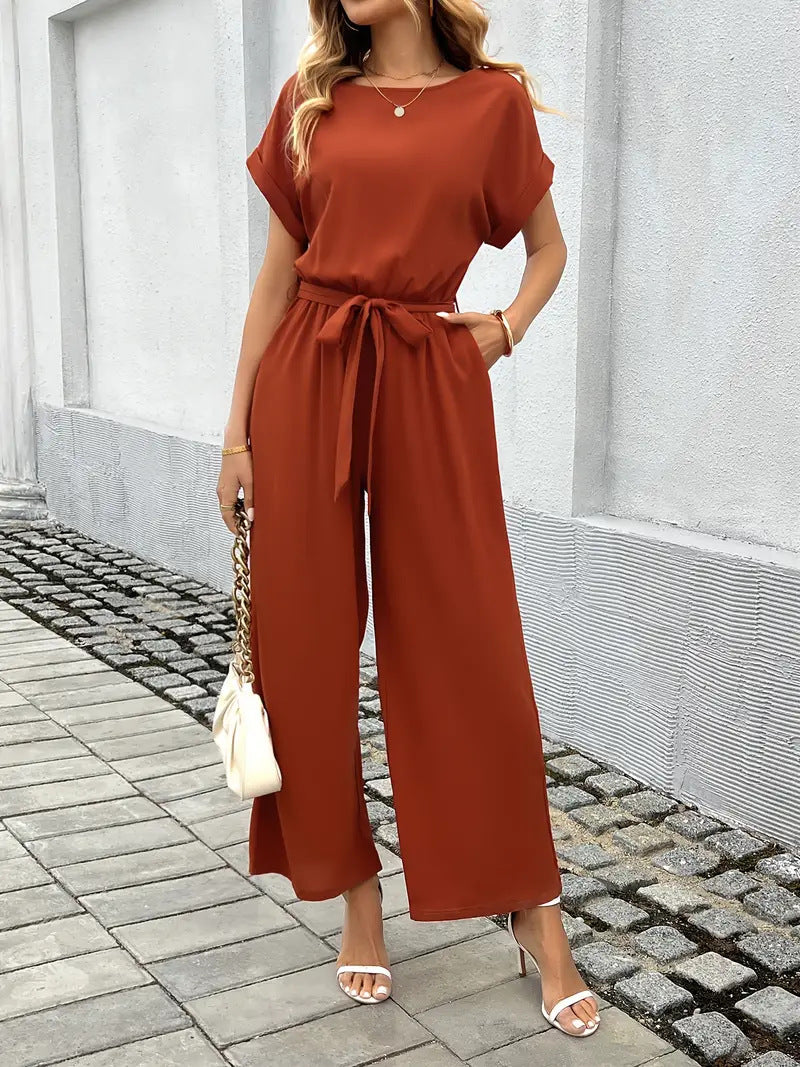 Damen Eleganter Jumpsuit mit weitem Bein und Taillenknoten ShopNory