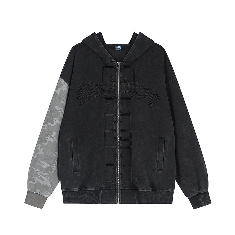 Unisex Oversize-Kapuzen-Zipjacke mit Camouflage-Ärmel, Washed‑Effekt und erhabener Frontstickerei Shop Nory