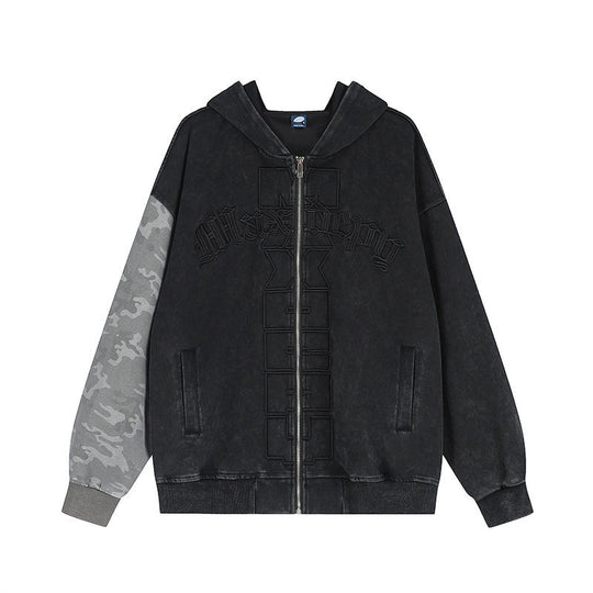 Unisex Oversize-Kapuzen-Zipjacke mit Camouflage-Ärmel, Washed‑Effekt und erhabener Frontstickerei Shop Nory