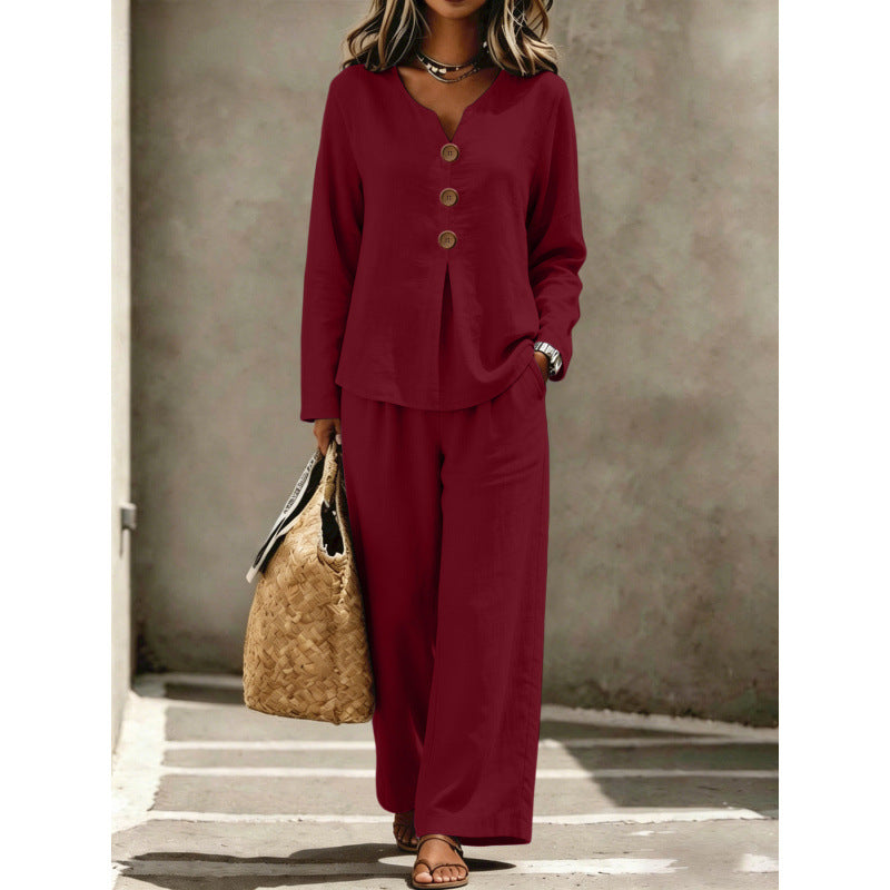 Damen Zweiteiliges Leinenoptik Lounge-Set mit V-Ausschnitt, Knopfbluse und weiten Palazzo-Hosen Shop Nory