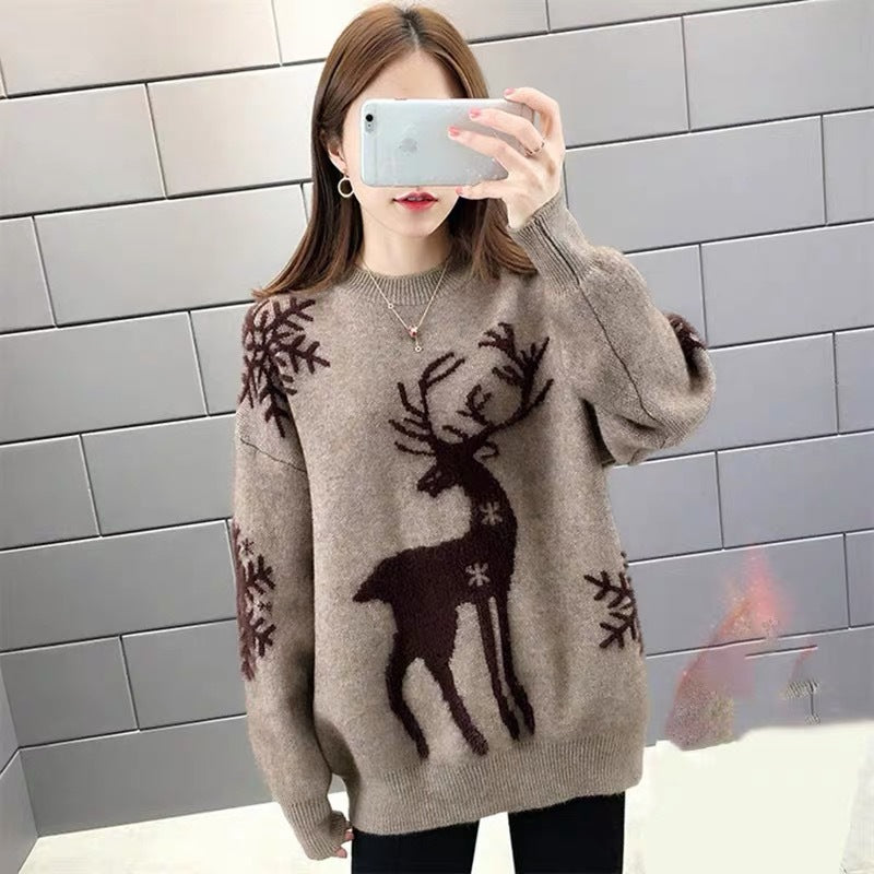Damen Gemusterter Strickpullover mit Rentier-Jacquard, Rundhalsausschnitt und geripptem Saum Shop Nory