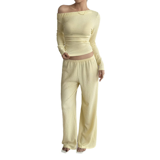 Damen nan legeres Crinkle-Lounge-Set mit Off-Shoulder Crop-Top und weiten High-Waist Palazzohose Shop Nory