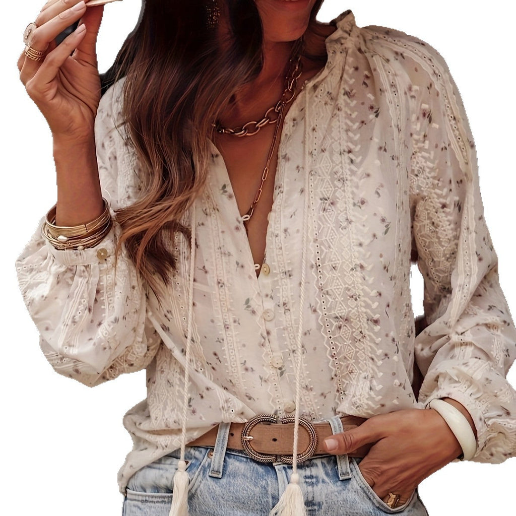 Damen Bluse mit feinen Spitzendetails und floralen Mustern