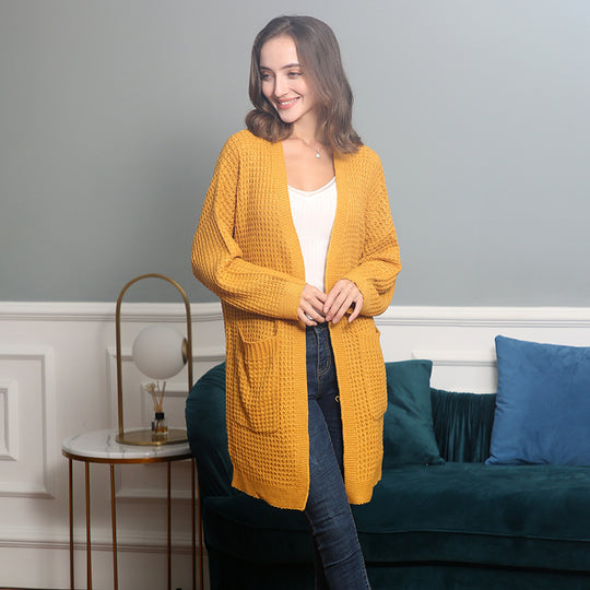 Damen Langer Oversize Strickmantel mit offener Front und aufgesetzten Taschen Shop Nory