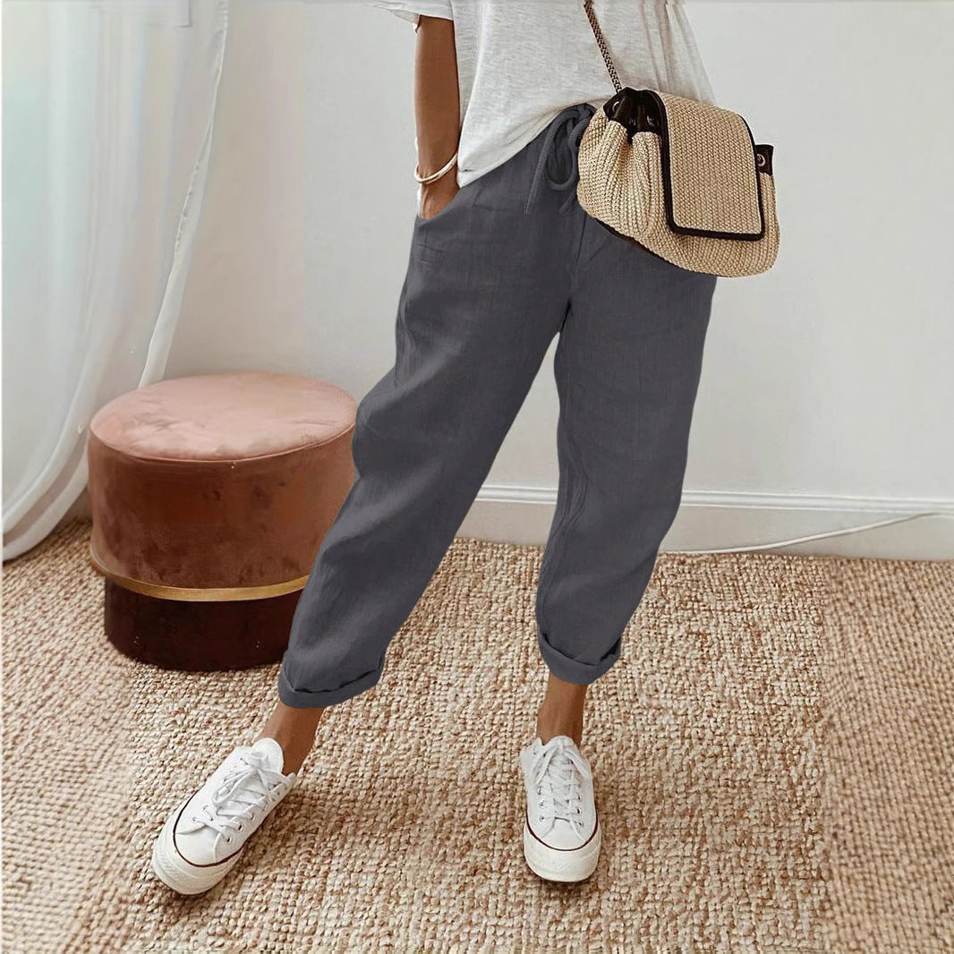Damen Lässige Leinen-Hose mit elastischem Bund und praktischen Taschen
