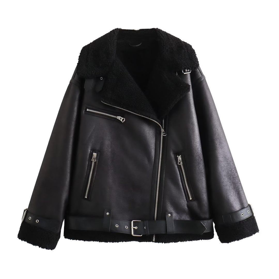 Damen Fliegerjacke im Bikerstil mit Teddyfutter, Kunstlederbesatz und Taillengürtel Shop Nory