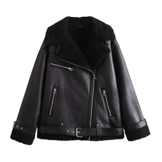 Damen Fliegerjacke im Bikerstil mit Teddyfutter, Kunstlederbesatz und Taillengürtel Shop Nory