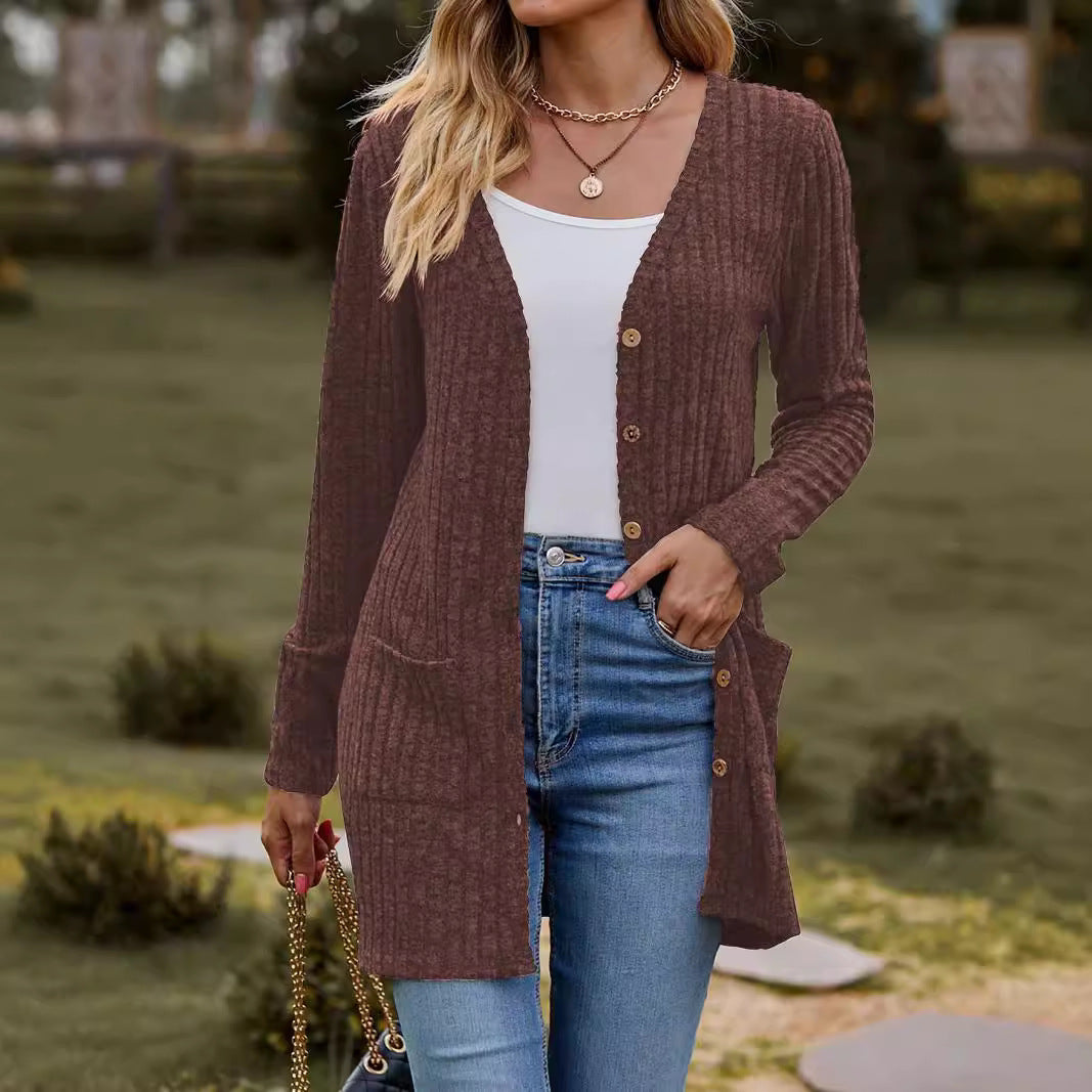 Damen nan langer gerippter Strickcardigan mit Eingrifftaschen und Holzknöpfen Shop Nory