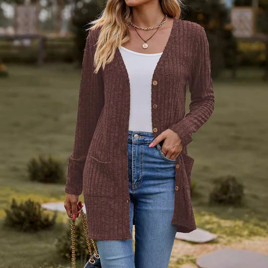 Damen nan langer gerippter Strickcardigan mit Eingrifftaschen und Holzknöpfen Shop Nory