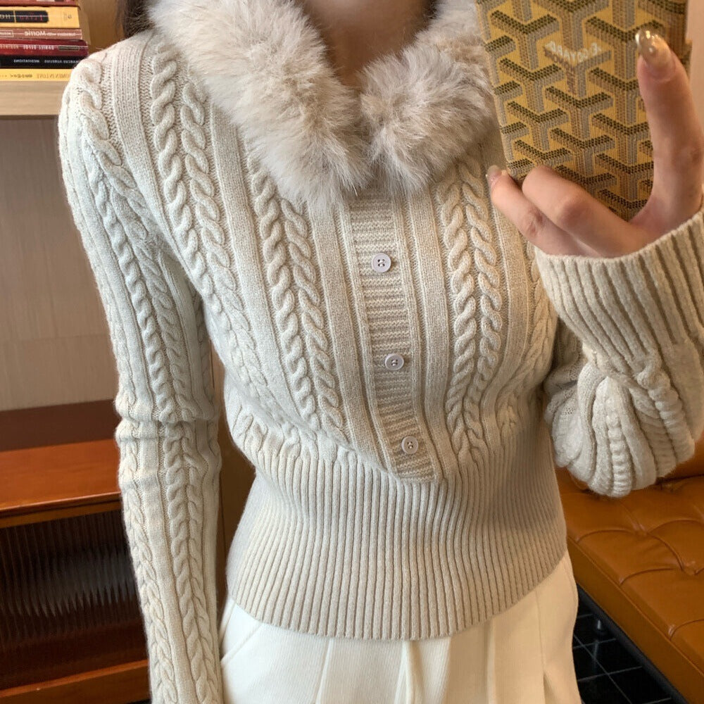 Damen Eleganter Strickpullover mit Kunstfellkragen Shop Nory
