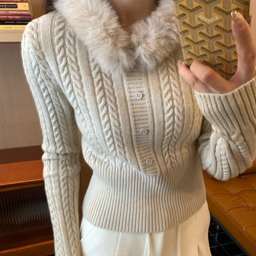 Damen Eleganter Strickpullover mit Kunstfellkragen Shop Nory